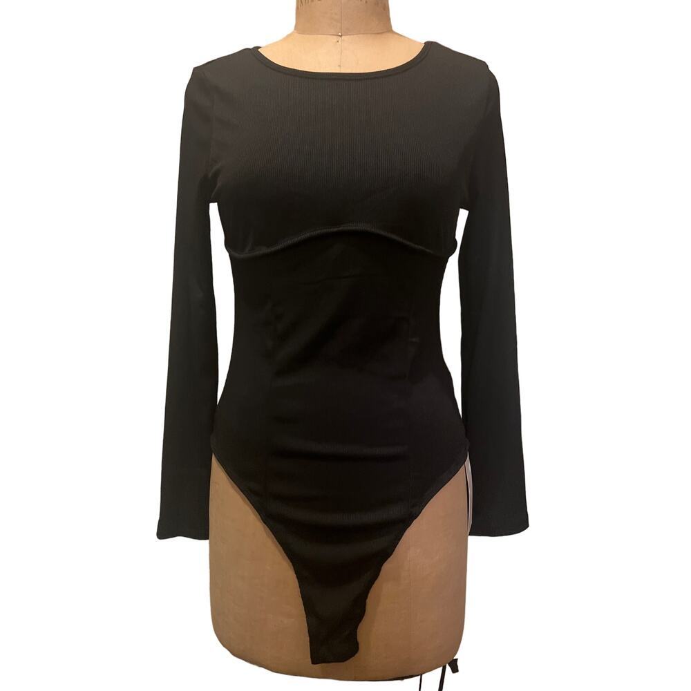 Solid Black Ribbed Contrast Long Sleeve Crewneck Bodysuit NWT Size L
